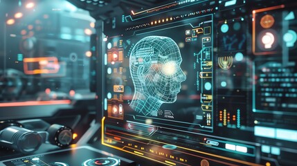 Poster - A futuristic interface with a glowing blue and orange design. The interface shows a digital human head, representing the power of technology.