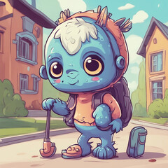 Wall Mural - cute little monster character illustration going to school