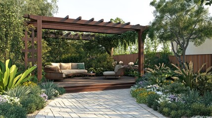 Wall Mural - Resort-inspired front yard with cozy seating under a pergola, surrounded by lush plants, no people, no logos.