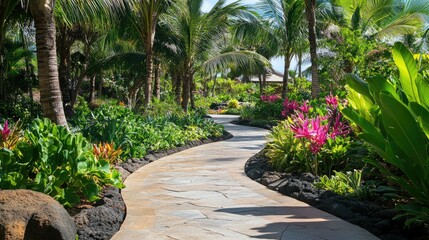 Wall Mural - Relaxing resort-style landscaping with stone pathways, tropical flowers, and shaded palm trees, no people, no logos.