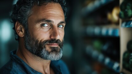 A middle-aged man with a salt-and-pepper beard smiling confidently while standing in a supermarket aisle filled with vibrant vegetables and produce.