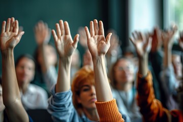 Anonymous group raises hands at seminar