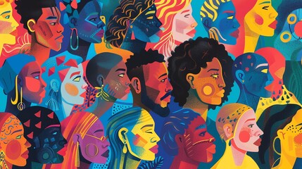 Poster - A vibrant and colorful illustration of diverse faces, each with unique features and expressions.