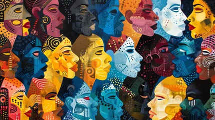 Poster - A vibrant and colorful abstract painting of faces, full of intricate details and patterns.