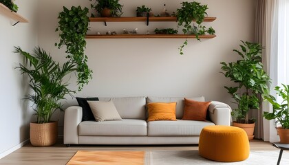 Vibrant Rubber Fig Plant in a Minimalist Apartment with Ceiling Detail and Ample Blank Space for Stylish Decor