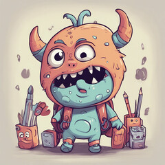 Wall Mural - cute little monster character illustration going to school