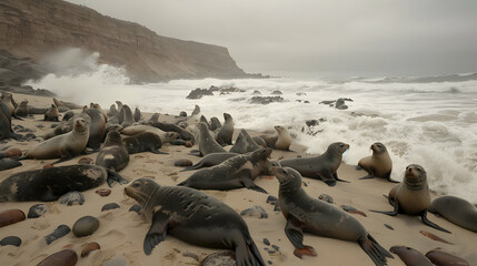 Wall Mural - Sea Lions Relaxing on a Sandy Beach