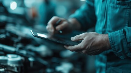 A person is seen utilizing a tablet device amidst an industrial setting, dressed in appropriate work attire, highlighting technology integration within manual labor environments.