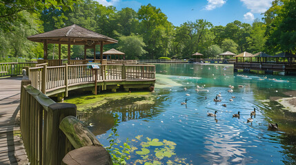 Wall Mural - Serene Lake with Gazebo and Ducks in a Lush Green Park