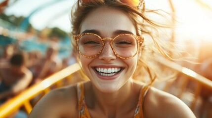 A woman with sunglasses beams with joy while on an amusement park ride, capturing excitement, thrill, and the vibrant spirit of adventure under the setting sun.