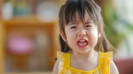 Little Asian cute girl toddler with sad face Crying Chinese or Japanese female kid Unhappy upset, annoyed and stubborn child Emotional reaction Angry facial expression Bad preschool behavior 