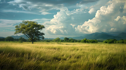 Sticker - Serene Grassland Landscape with Distant Mountains and a Single Tree