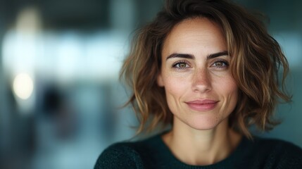 A casually dressed woman with a soft smile stands in warmly lit indoors, evoking friendliness and warmth, captured in a natural yet artistic style.