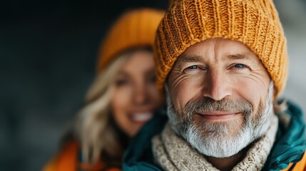 A cheerful older man with a warm smile and knitted hat, exuding warmth and comfort as he enjoys a moment in a cozy and calm atmosphere.