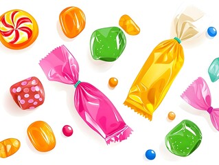 Poster - Transparent candy wrappers with a variety of colorful sweets and candies inside  displayed on a clean white background with a flat design style