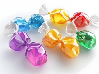 Poster - Transparent candy wrappers with vibrant colorful sweets inside on a clean white background  This 3D rendered showcases a modern flat design aesthetic with a premium gourmet feel perfect for branding