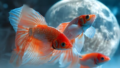 Abstract depiction of Siamese fighting fish in vibrant red tones, illuminated by moon energy, showcasing fluid movement against a serene blue background