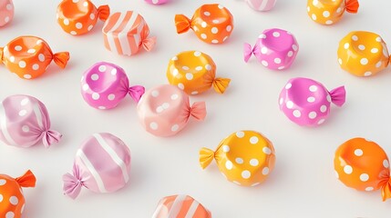 Poster - Vibrant 3D Rendered Candy Wrappers with Whimsical Polka Dot Patterns on a Clean White Background   Creative Flat Design for Confectionery Snacks and Dessert Packaging