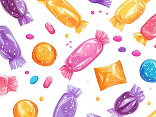 Poster - Vibrant and colorful candy wrappers in a flat design arranged beautifully on a clean white backdrop