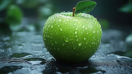 A fresh green apple with droplets of water on a dark surface, showcasing freshness.