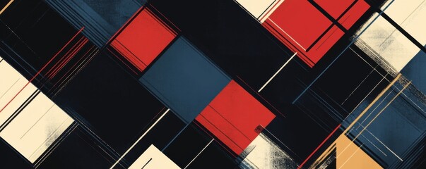 Poster - Abstract geometric design with red, blue, beige squares and rectangles on a textured dark background
