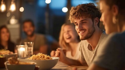 Wall Mural - A lively scene of family and friends gathered around a table, enjoying bowls of pasta, laughter, and conversation, showcasing the joy of cooking together.