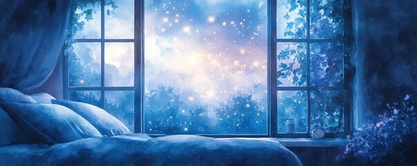 A serene bedroom view featuring a starry night sky through an open window, creating a tranquil atmosphere.