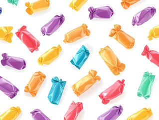 Vibrant multicolored candy wrappers of various shapes and textures  arranged in symmetrical rows on a clean white background