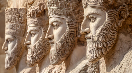 Sculptures and bas-reliefs of historical figures with artfully carved stone beards and headdresses in ancient persian style. Persian Empire. Illustration