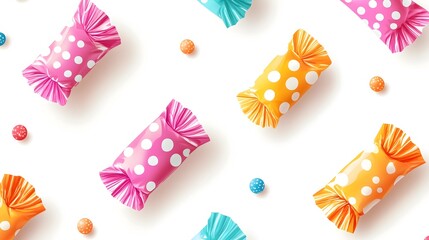 Poster - Vibrant polka dot patterned candy wrappers against a clean white background creating a playful and festive flat design