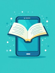 Poster - flat illustration of an open book emerging from a smartphone screen, representing digital reading or