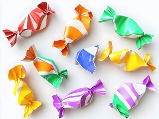 Poster - Vibrant Torn Candy Wrappers on a White Background 3D Rendered Flat Design Showcasing Bright Colors and Crinkled Textures in a Minimalist Style