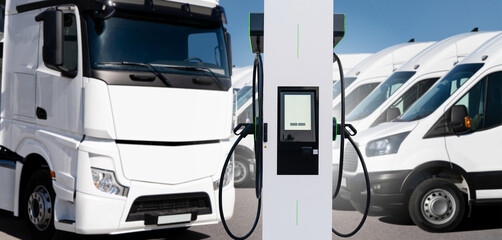 Sticker - Electric vehicles charging station on a background of trucks and vans. Green fleet concept.