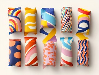 Poster - Visually striking 3D rendered flat design showcasing a dynamic arrangement of colorful  geometric candy wrappers with captivating patterns and textures against a clean  minimal white background