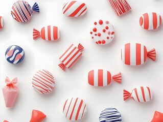 Poster - Visually striking 3D rendered flat of various colorful and geometric candy wrappers against a clean white background  Stylized confectionery packaging design with modern minimal and elements
