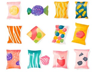 Poster - Visually striking flat design showcasing a vibrant assortment of various candy wrappers and packets arranged on a clean  crisp white backdrop  The playful