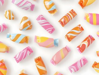 Poster - Visually stunning 3D rendered of various colorful and geometric candy wrappers arranged on a clean white background showcasing a flat design style and modern minimalist aesthetic