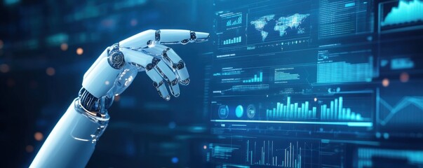 Poster - Futuristic AI robot hand interacting with digital screens, showcasing advanced technology and data analysis in a modern scientific environment.