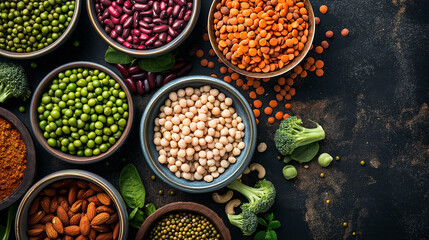 set of vegan products on a dark table: beans, peas, cabbage, nuts. Delicious food photo top view.