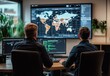 © munawaroh - Two individuals working at computers in an office, analyzing a world map on a large screen.