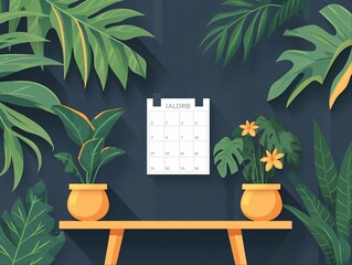 A simple wooden shelf with two potted plants, a calendar, and a dark blue background.