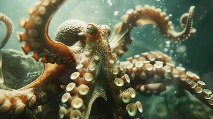 Giant octopus cracken with outstretched tentacles, revealing intricate sucker patterns. Golden brown coloration with textured skin. Underwater scene with floating particles and marine vegetation 