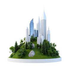 Stylized city skyline with greenery on an isolated base.