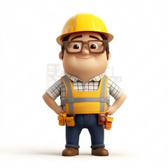 3D construction character on white background, with safety waistcoat and helmet