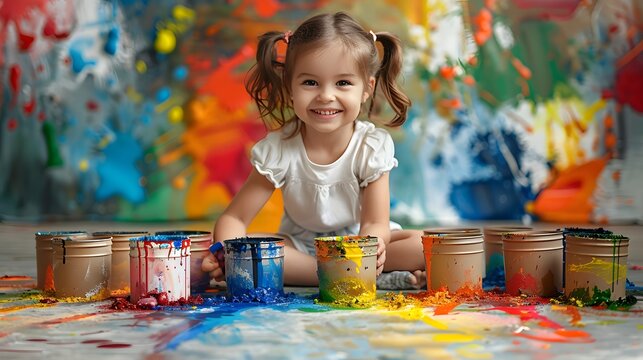 Girl playing with colors on a bright background