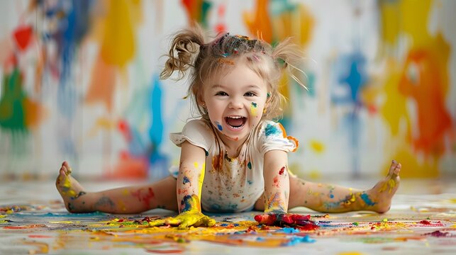 Girl playing with colors on a bright background