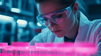 Wall Mural - female scientist examining samples in lab with neon lights