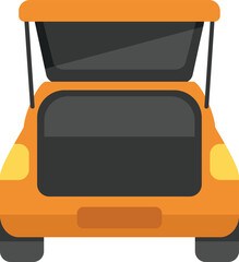 Poster - Illustration of an orange car with an open trunk and a roof luggage box, seen from the back