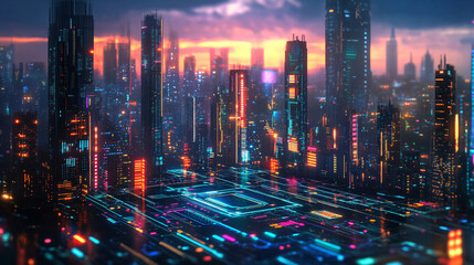 Wall Mural - A futuristic cityscape built on a massive microchip with vibrant circuits lighting up the skyline. 