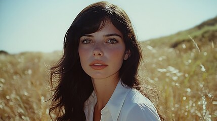 Poster - Beautiful brunette woman with long hair looking at the camera, standing in a field of grass. Summer portrait.